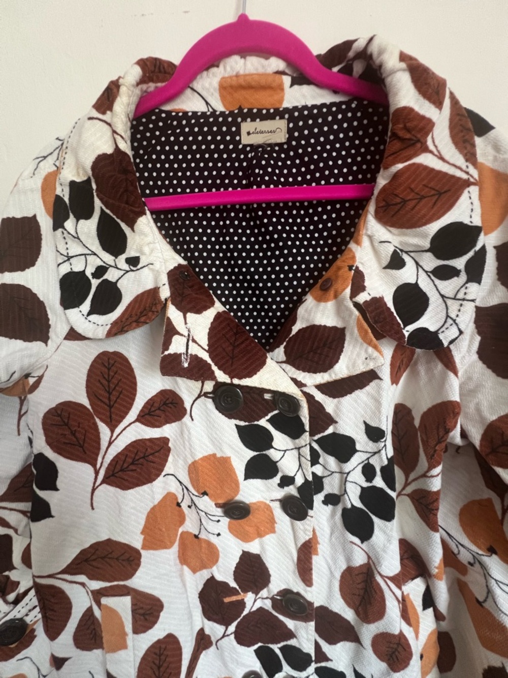 Anthropologie White Trench Coat with Brown and Tan Leaf Print